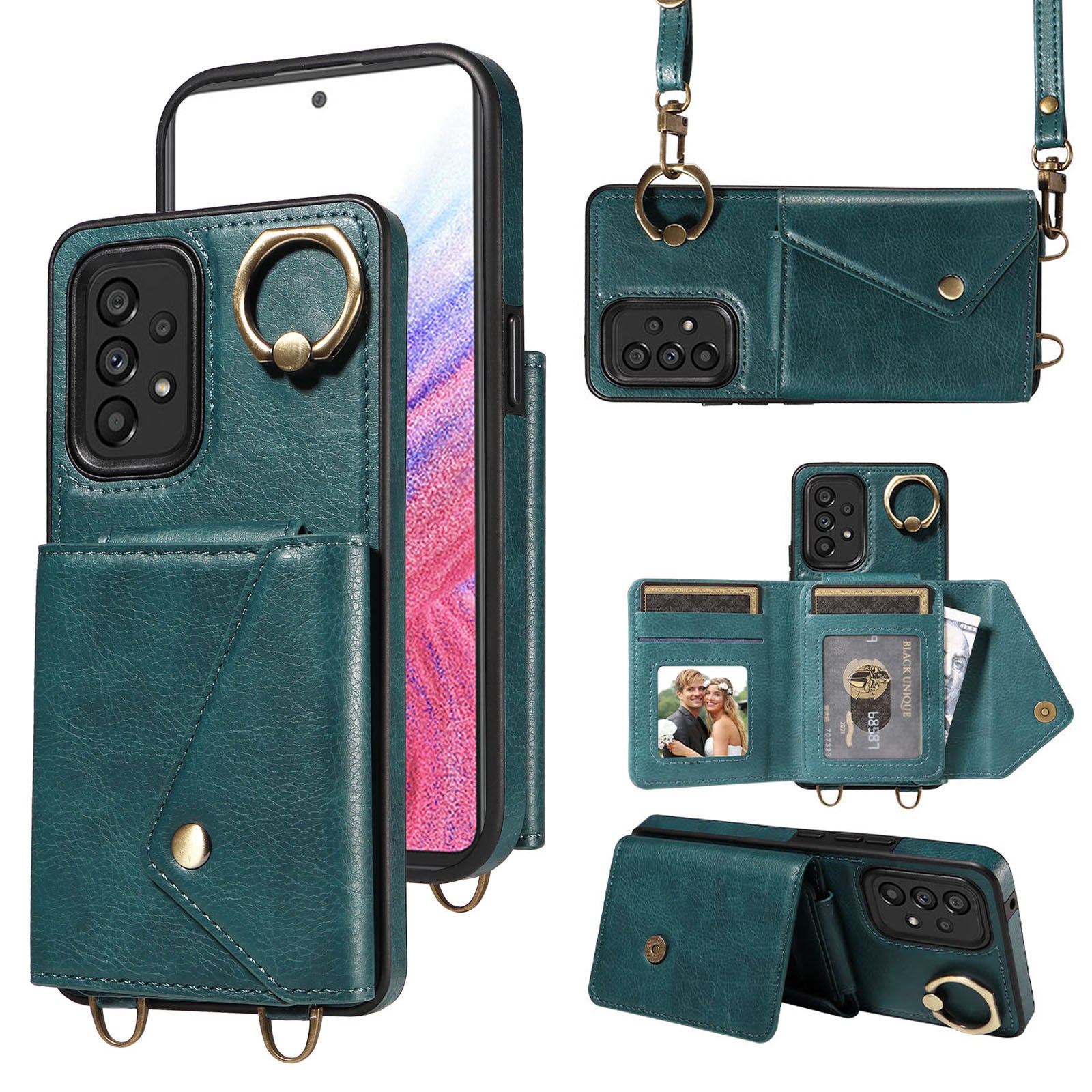 002 For Samsung Galaxy A53 5G Card Bag Cover Ring Kickstand Litchi Texture Leather TPU Phone Case with Shoulder Strap 002 For Samsung Galaxy A53 5G Card Bag Cover Ring Kickstand Litchi Texture Leather TPU Phone Case with Shoulder Strap